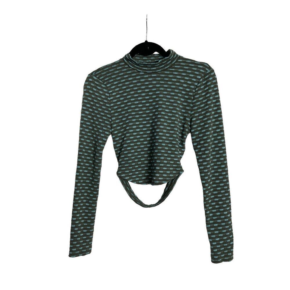 Lily White Womens Knit Long Sleeve Cut Out Back Crop Top Green Blue Size XS-S